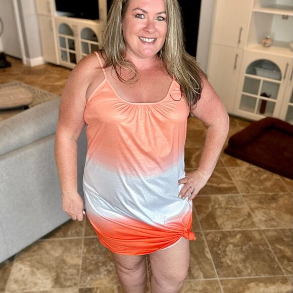 Orange Ombre Tie Die Spaghetti Strap Dress with Asymetrical Hem - Picture 5 of 6